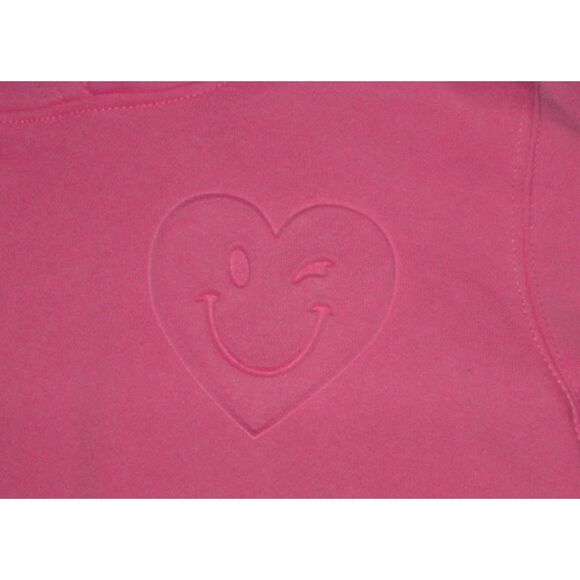 NEW Girls Sz 14 Bright Pink Hoodie Lightweight Embossed Smiley Face Sweatshirt - Picture 2 of 2